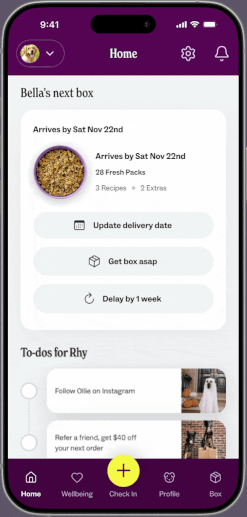 Animated Ollie app home and meal-plan experience